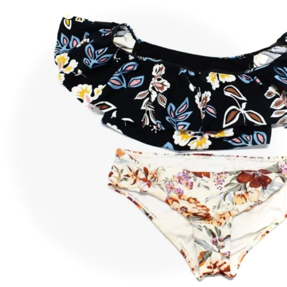 TORY BURCH | S | Hopewell Off-the-Shoulder Ruffle Floral Swim Top Bandeau Black - Picture 12 of 13